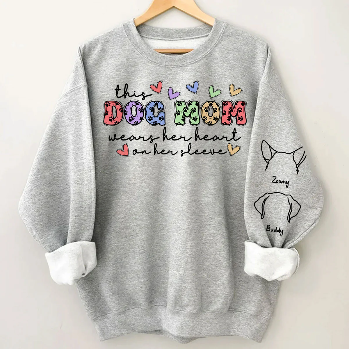 Dog Mom Colorful Paw Pattern, This Dog Mom Wears Her Heart On Her Sleeve, Custom Dog Name, Dog Mama, Personalized Sleeve Printed Sweatshirt - Image 7