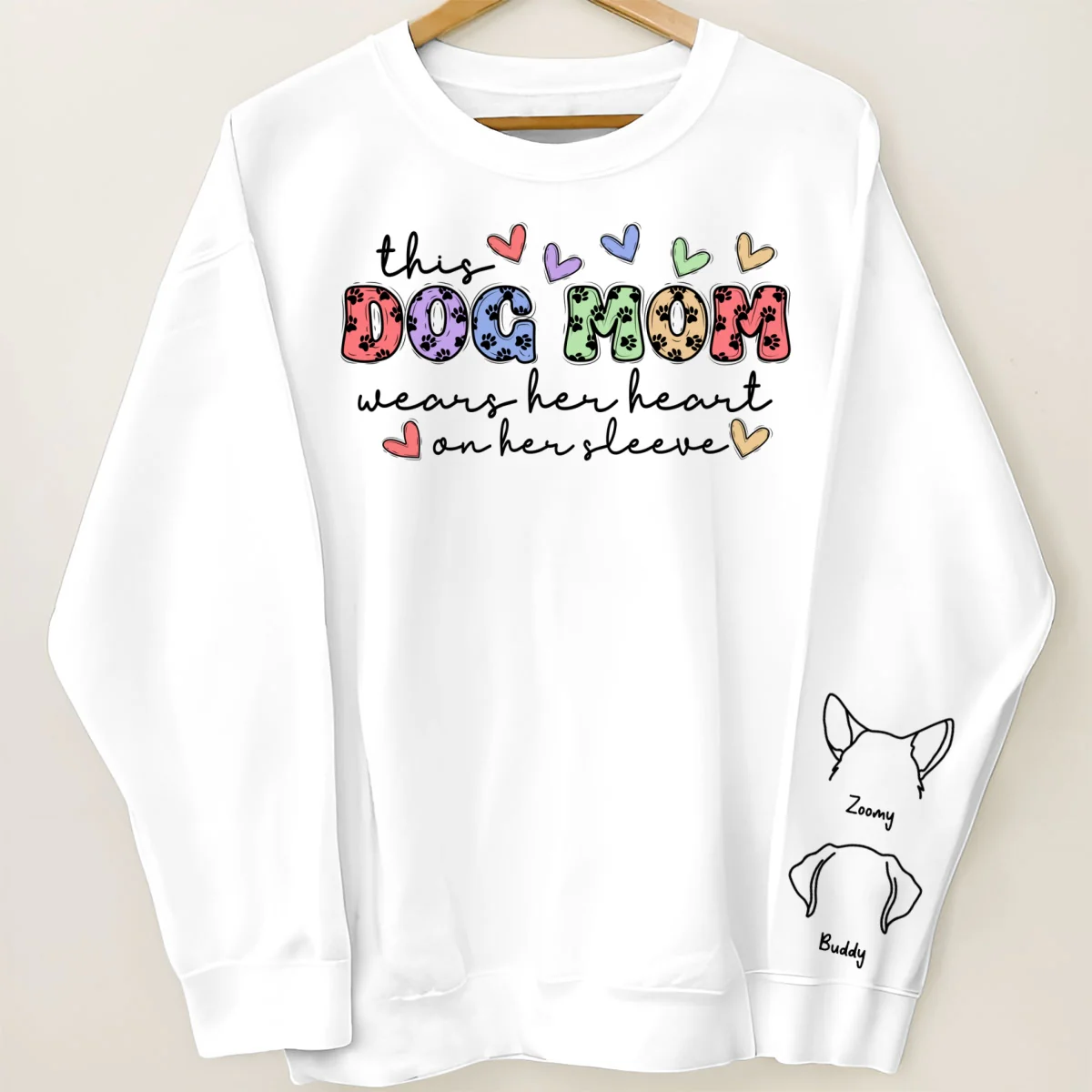 Dog Mom Colorful Paw Pattern, This Dog Mom Wears Her Heart On Her Sleeve, Custom Dog Name, Dog Mama, Personalized Sleeve Printed Sweatshirt - Image 8