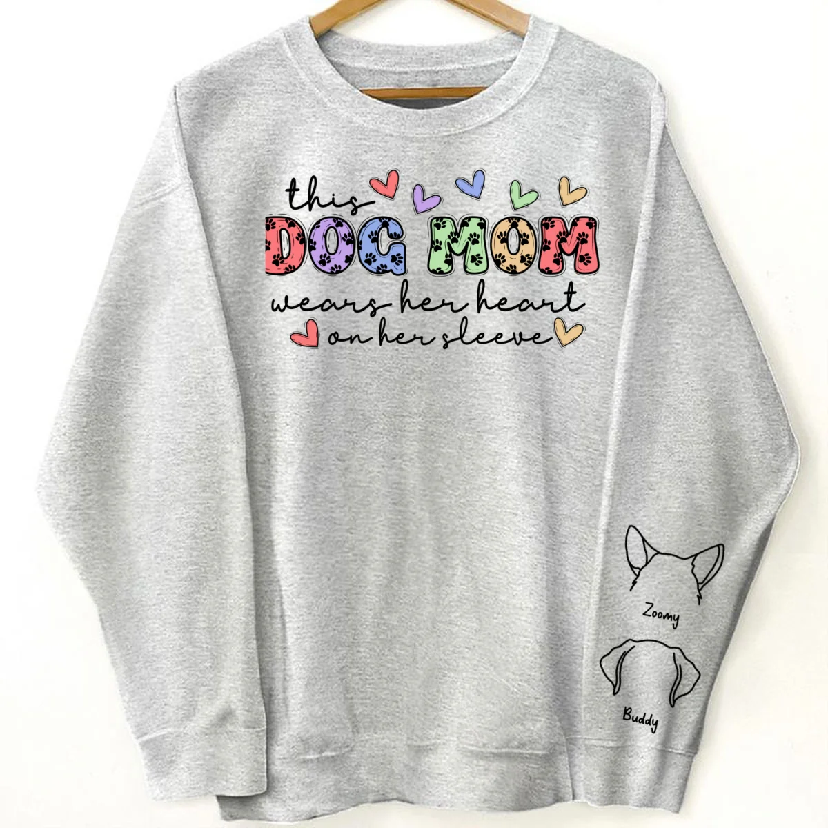 Dog Mom Colorful Paw Pattern, This Dog Mom Wears Her Heart On Her Sleeve, Custom Dog Name, Dog Mama, Personalized Sleeve Printed Sweatshirt - Image 9