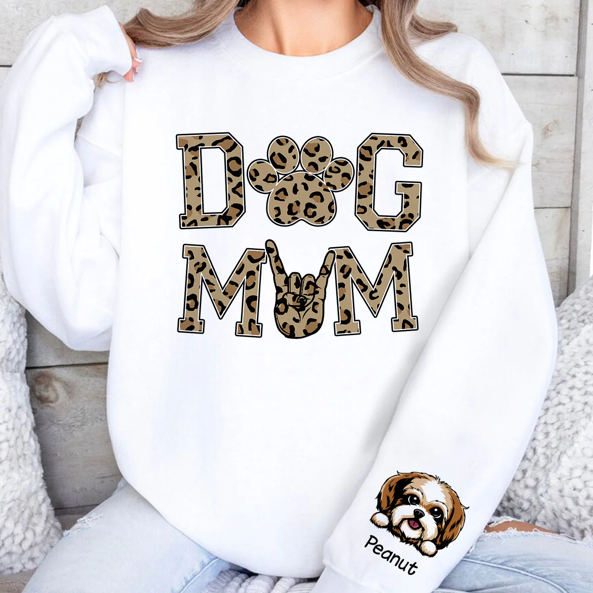 Dog Mom Leopard Peeking Dog, Gift For Dog Mom, Fur Mama, Personalized Sleeve Printed Sweatshirt - Image 3