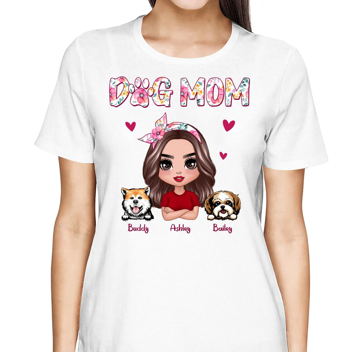 Dog Mom Pink Floral Words Gift For Dog Lovers Personalized Shirt - Image 2