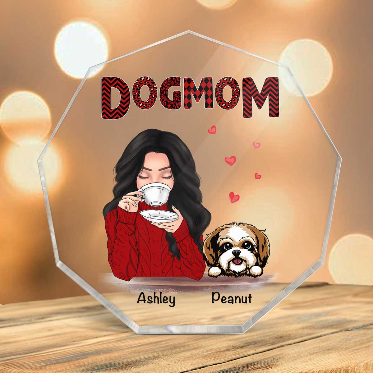 Dog Mom Red Patterned Personalized Nonagon Acrylic Plaque - Image 3