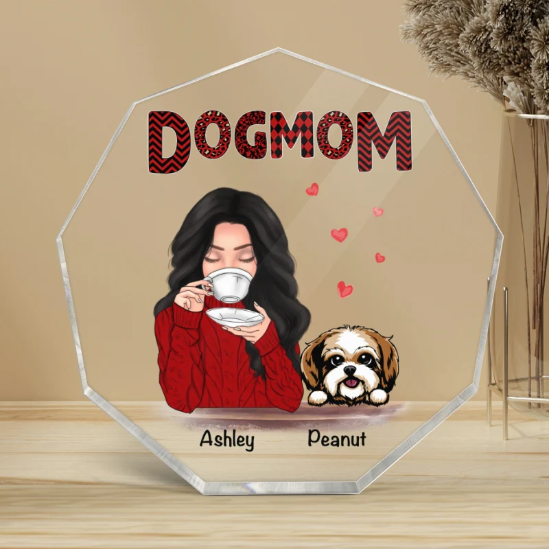 Dog Mom Red Patterned Personalized Nonagon Acrylic Plaque - Image 4