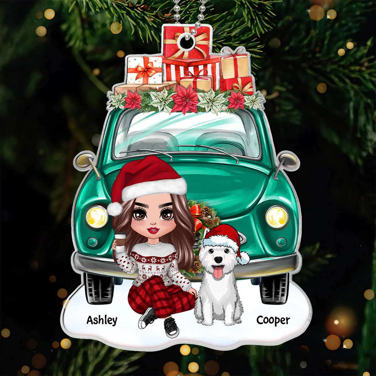 Dog Mom Sitting Front Christmas Car Personalized Acrylic Ornament