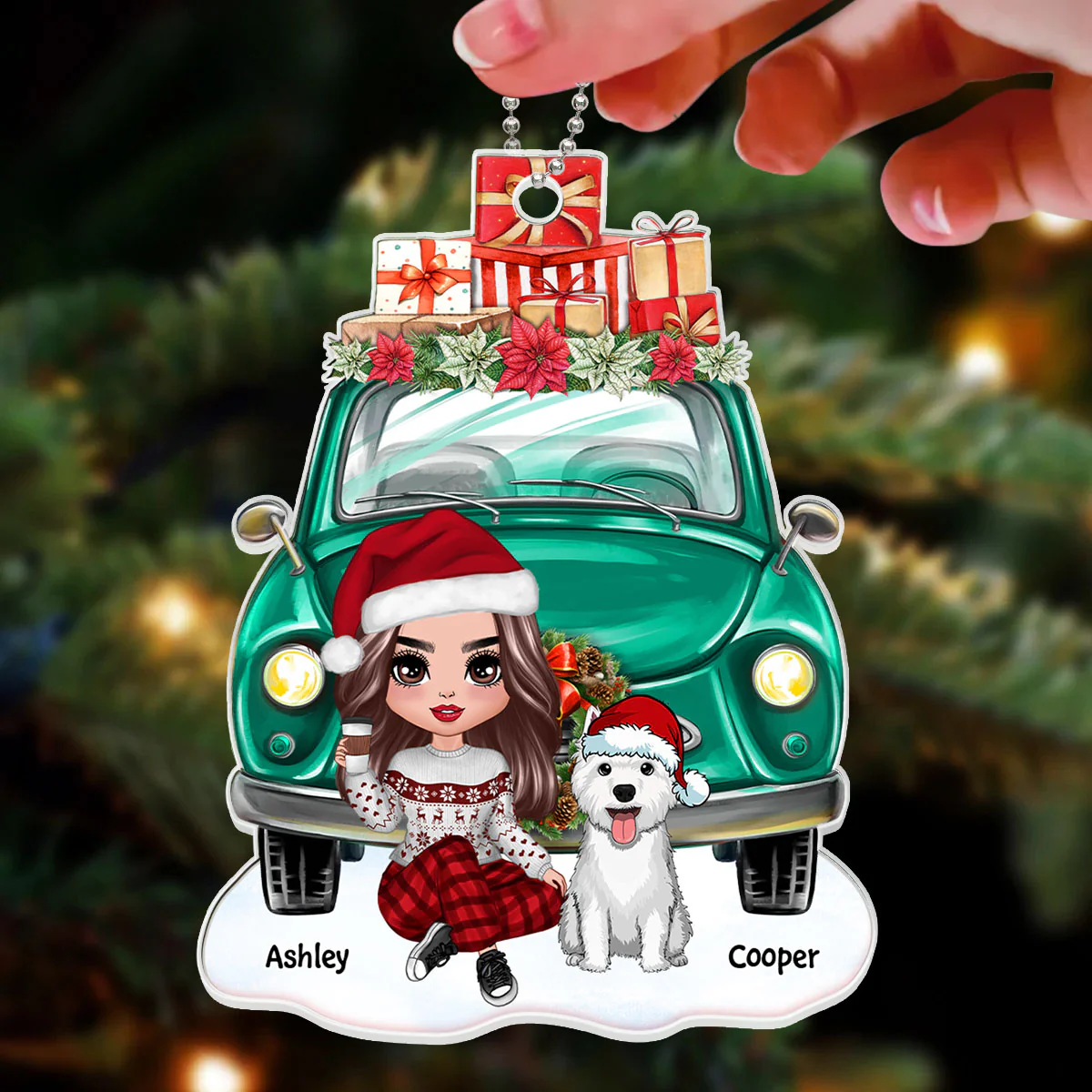 Dog Mom Sitting Front Christmas Car Personalized Acrylic Ornament - Image 3