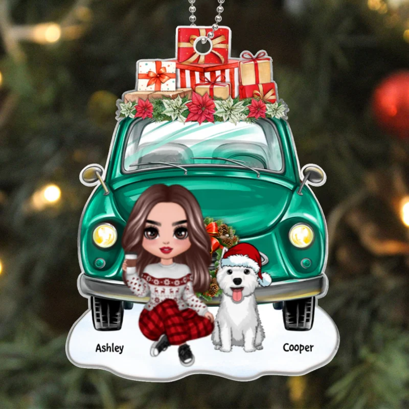 Dog Mom Sitting Front Christmas Car Personalized Acrylic Ornament - Image 5