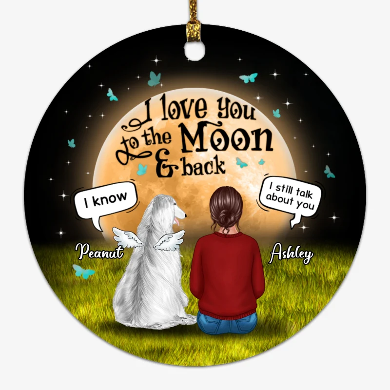 Dog Mom Sitting With Dogs In Moonlight Memorial Personalized Circle Ornament - Image 2