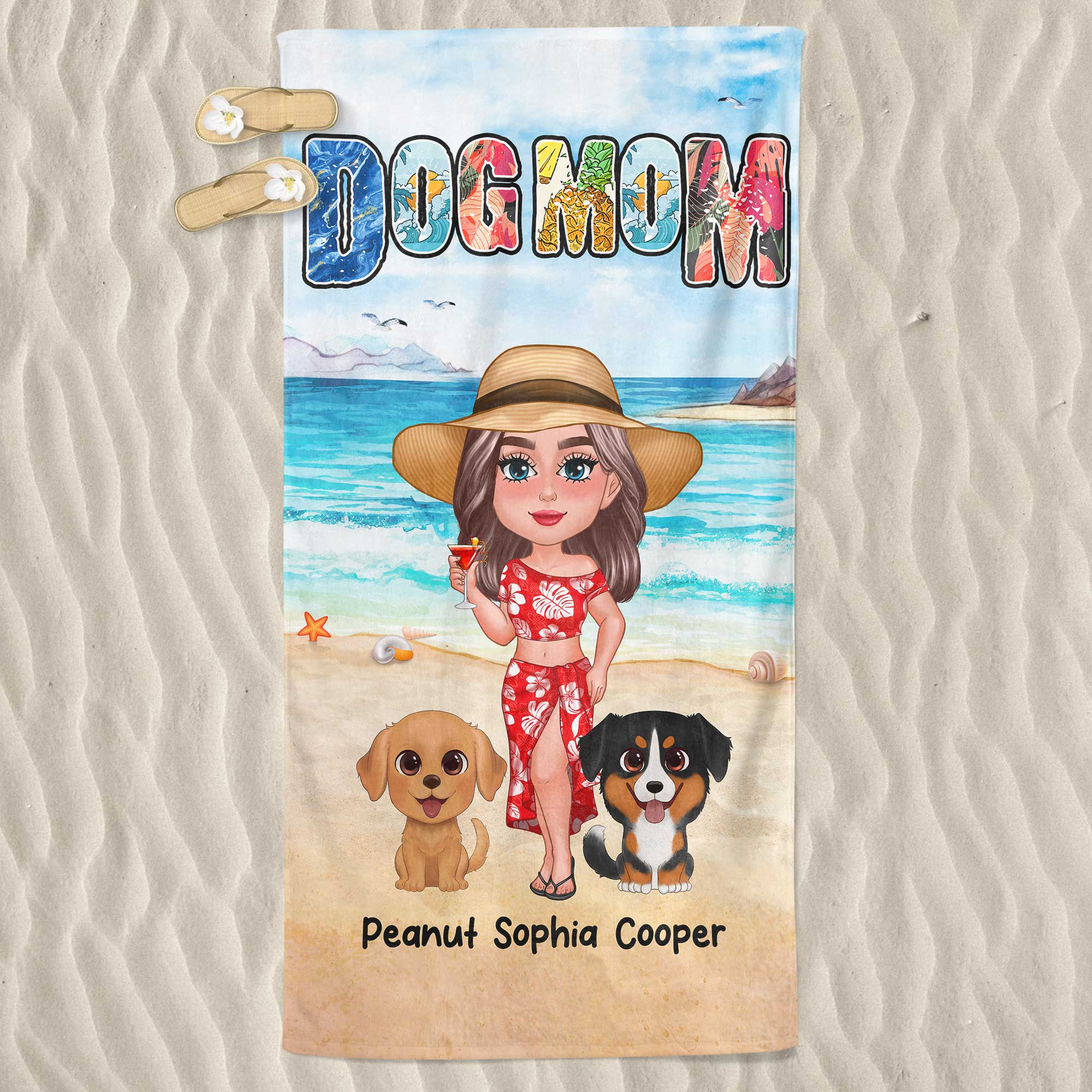 Dog Mom Summer Pattern Doll Girl New Face Watercolor Cute Dogs Personalized Beach Towel - Image 3