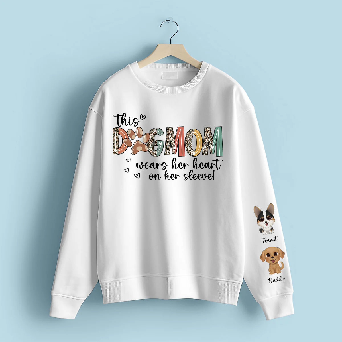 Dog Mom Wears Her Heart On Her Sleeve, Watercolor Cute Dog, Gift For Dog Mom, Personalized Sleeve Printed Sweatshirt - Image 2