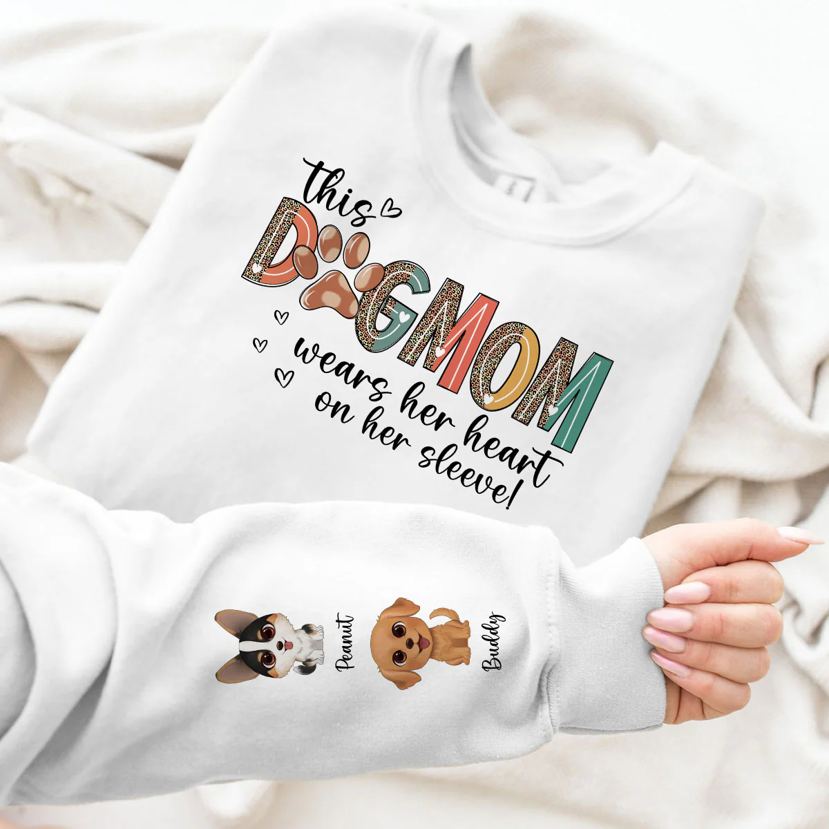Dog Mom Wears Her Heart On Her Sleeve, Watercolor Cute Dog, Gift For Dog Mom, Personalized Sleeve Printed Sweatshirt - Image 3