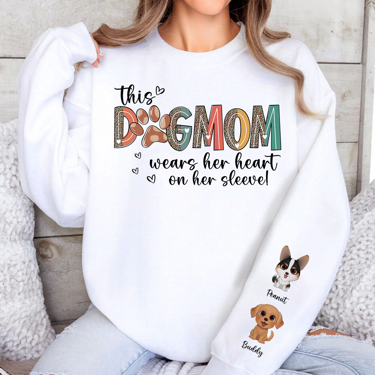 Dog Mom Wears Her Heart On Her Sleeve, Watercolor Cute Dog, Gift For Dog Mom, Personalized Sleeve Printed Sweatshirt - Image 4