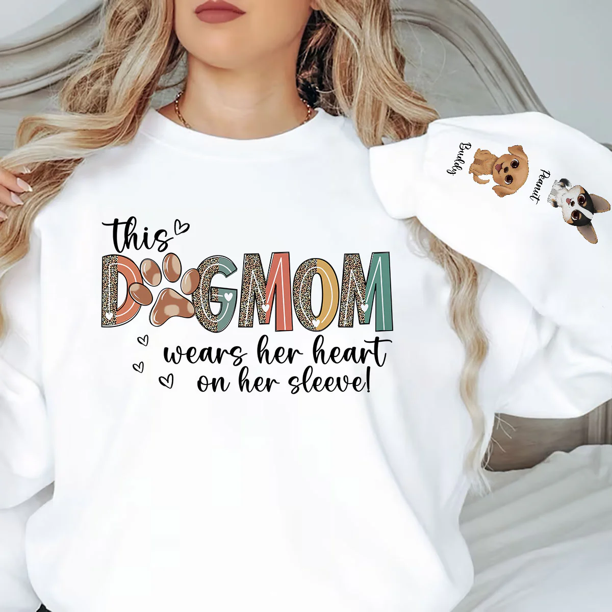 Dog Mom Wears Her Heart On Her Sleeve, Watercolor Cute Dog, Gift For Dog Mom, Personalized Sleeve Printed Sweatshirt - Image 5