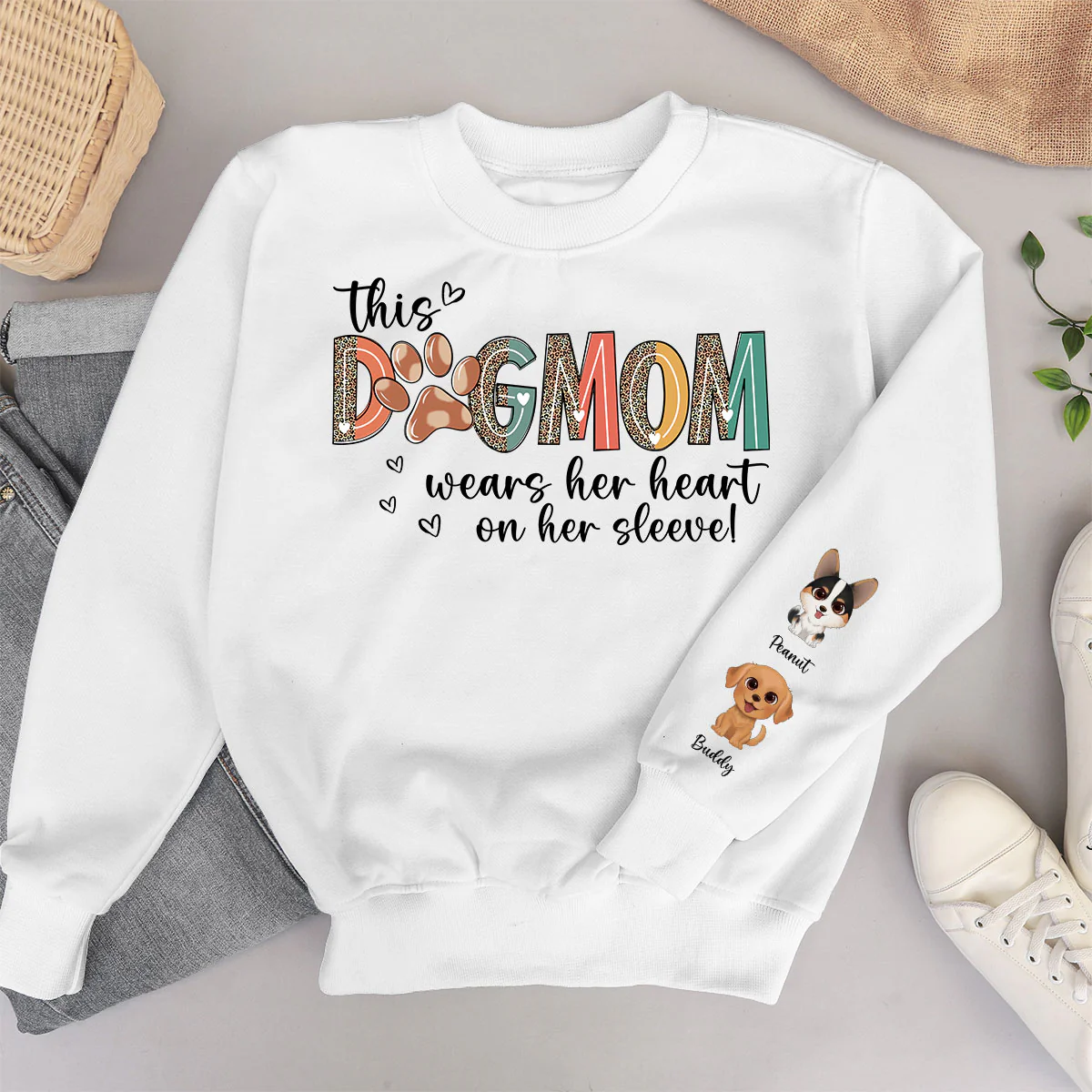 Dog Mom Wears Her Heart On Her Sleeve, Watercolor Cute Dog, Gift For Dog Mom, Personalized Sleeve Printed Sweatshirt - Image 6