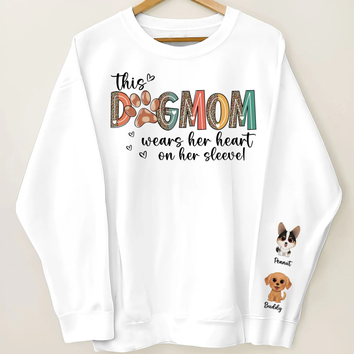 Dog Mom Wears Her Heart On Her Sleeve, Watercolor Cute Dog, Gift For Dog Mom, Personalized Sleeve Printed Sweatshirt - Image 7