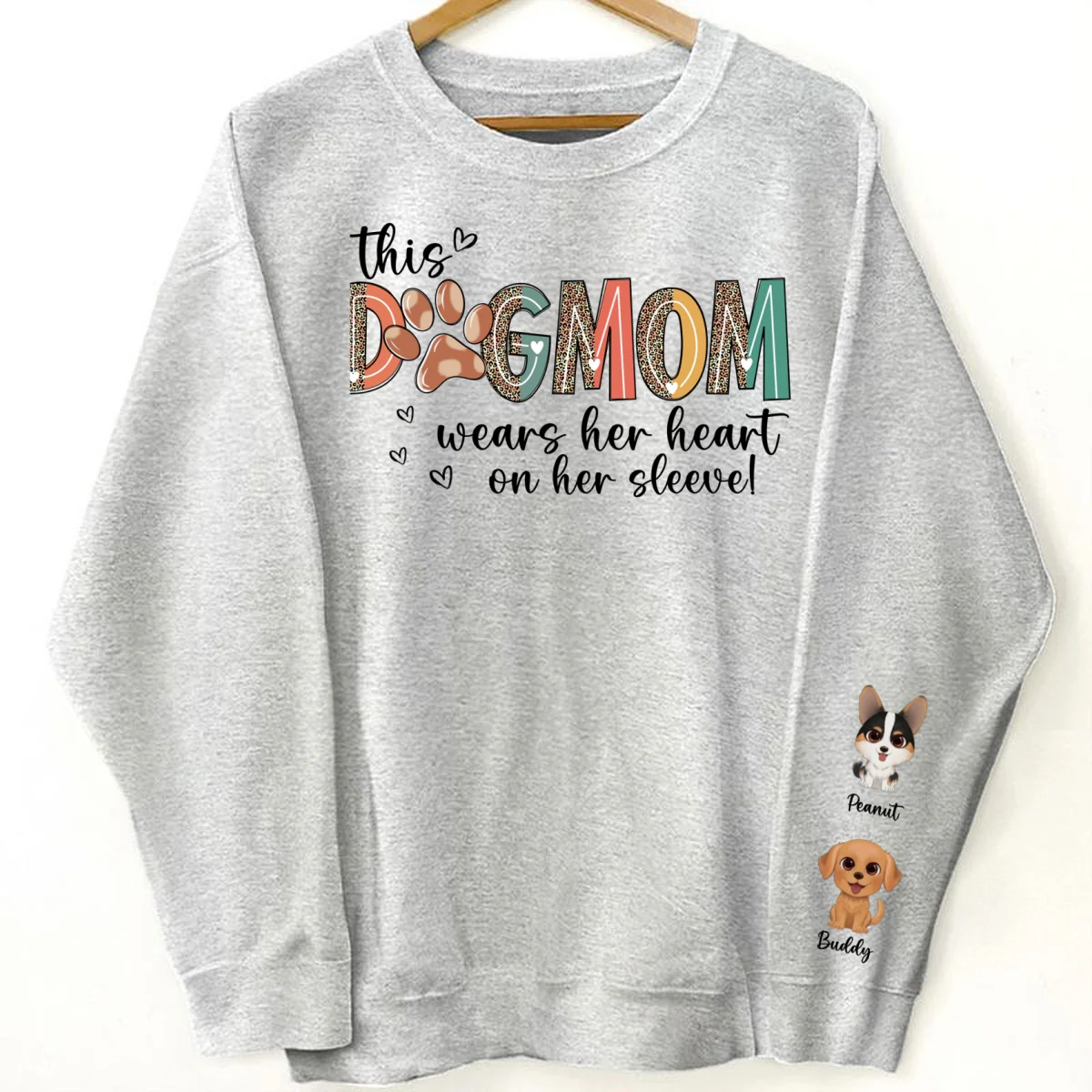Dog Mom Wears Her Heart On Her Sleeve, Watercolor Cute Dog, Gift For Dog Mom, Personalized Sleeve Printed Sweatshirt - Image 8