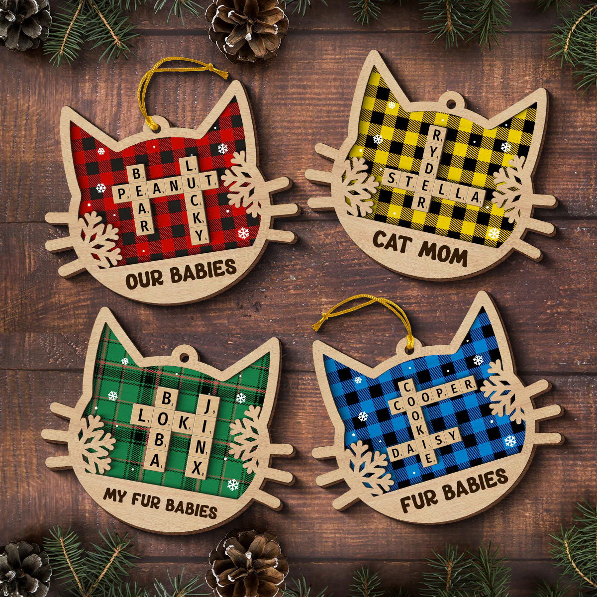 Dogs Cats Pet Names Crossword Puzzle Art Personalized 2-Layered Wooden Ornament, Christmas Gift for Pet Lovers - Image 2