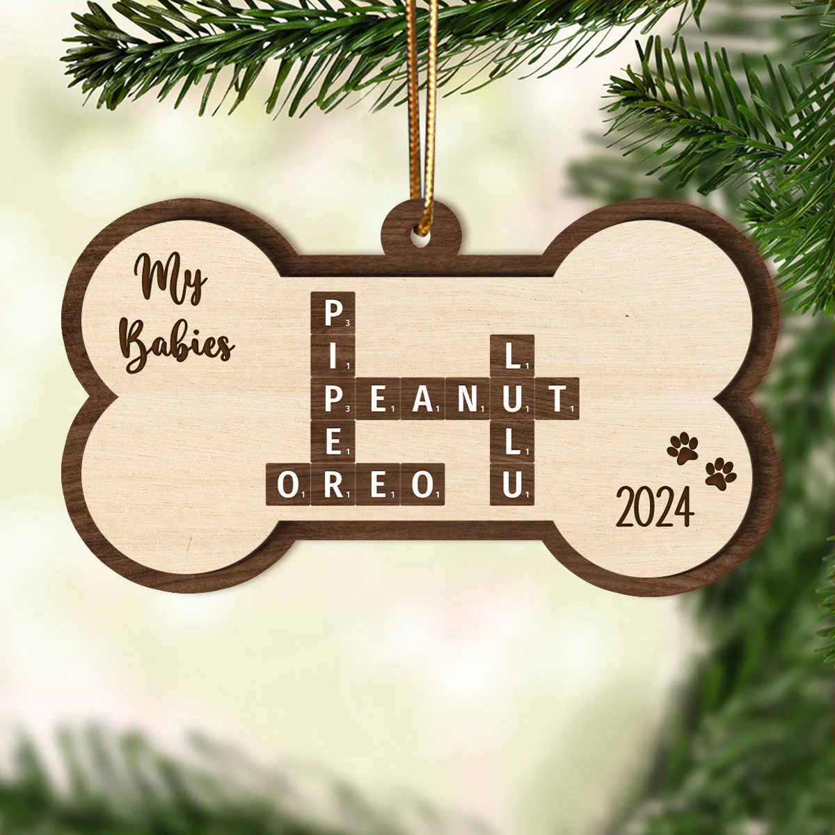 Dogs Names Crossword Puzzle Art Bond Shape Personalized 2-Layer Wooden Ornament