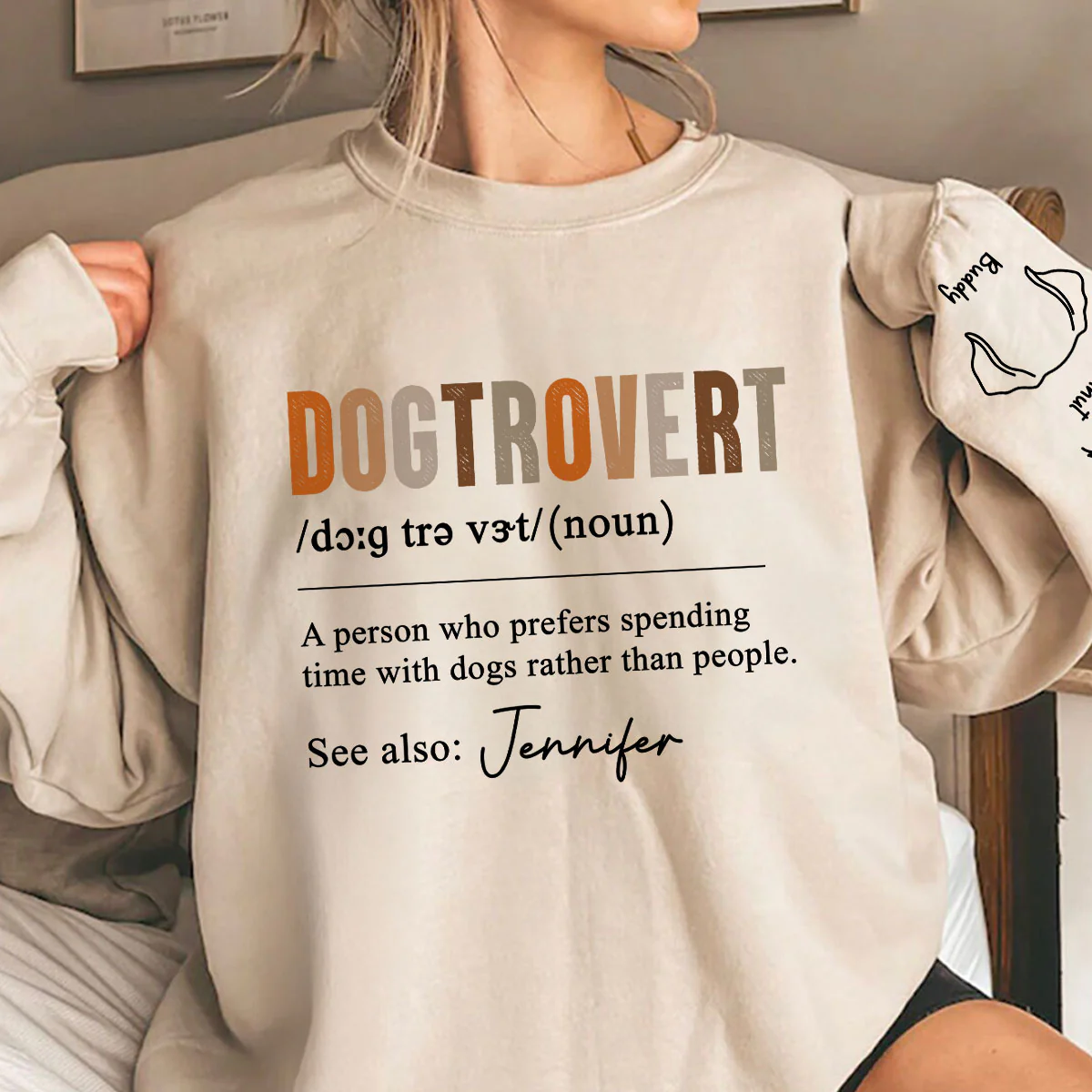 Dogtrovert Definition With Dog Names Personalized Sleeve Printed Sweatshirt - Image 6