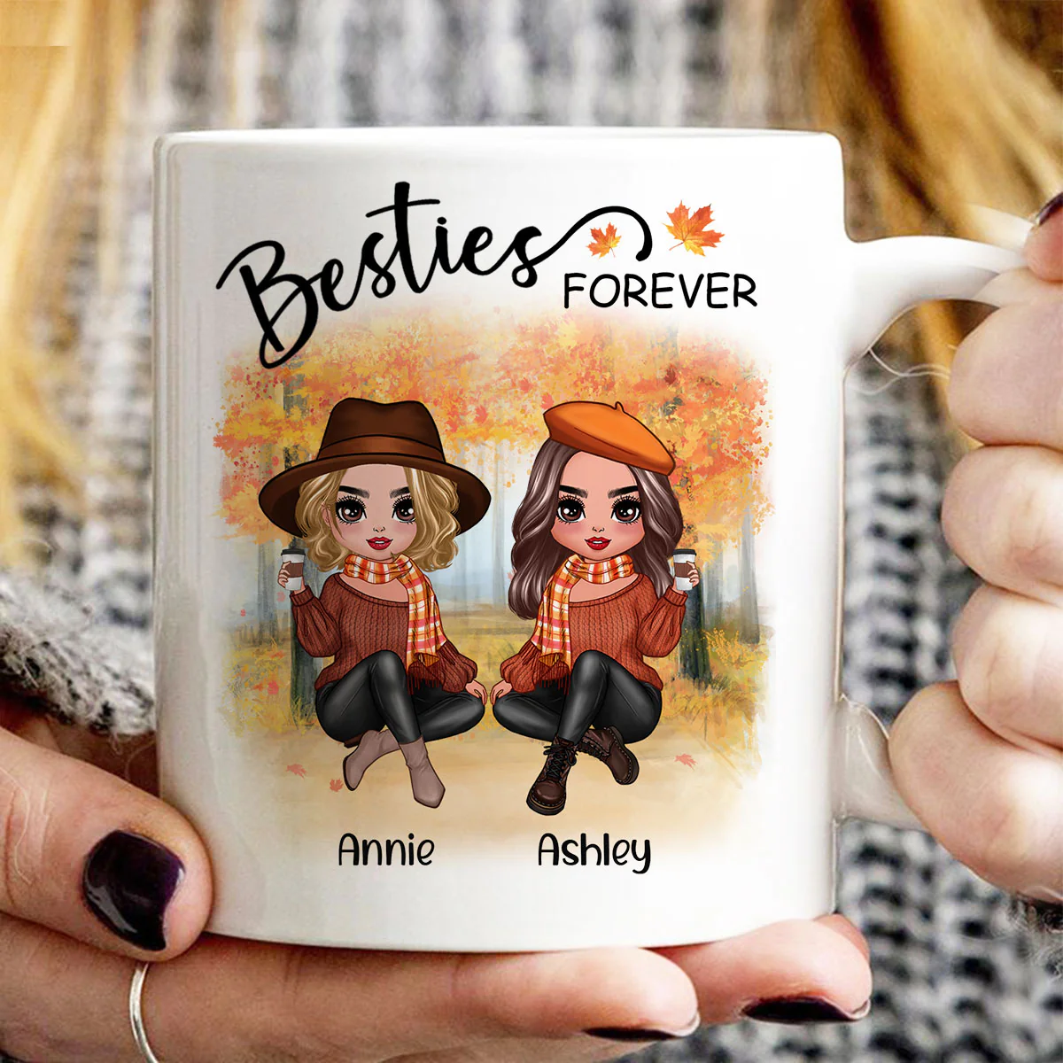 Doll Best Friends Besties Sitting Fall Season Personalized Mug - Image 3