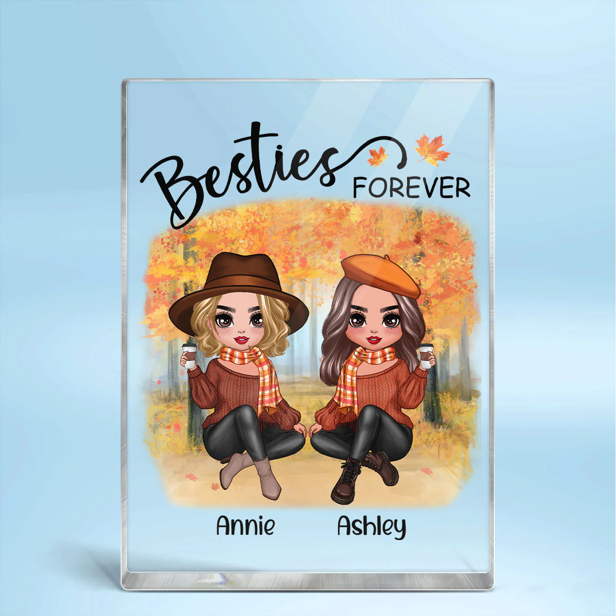 Doll Best Friends Besties Sitting Fall Season Personalized Rectangle Acrylic Block Plaque - Image 2