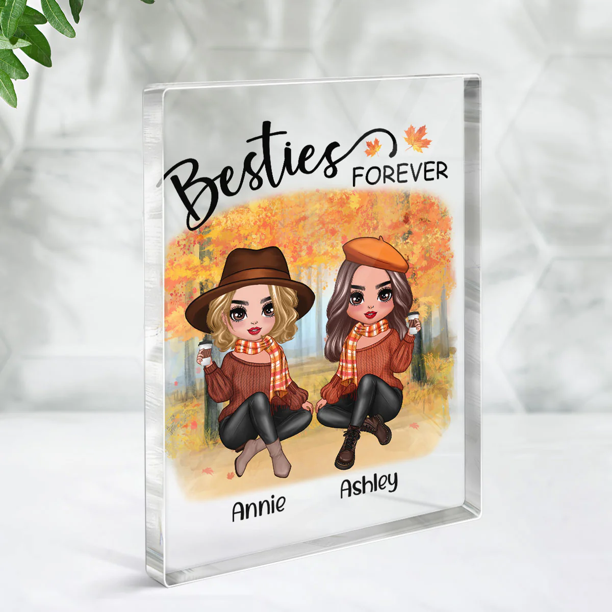 Doll Best Friends Besties Sitting Fall Season Personalized Rectangle Acrylic Block Plaque - Image 3