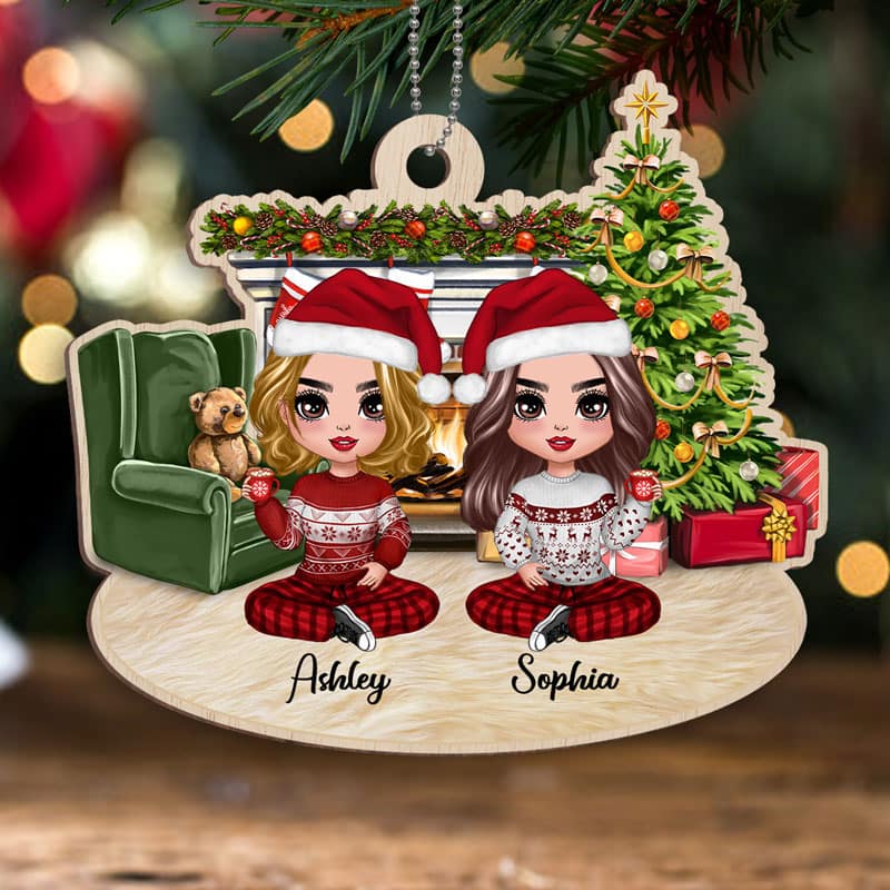 Doll Besties At Fireplace Personalized Wooden Ornament - Image 2