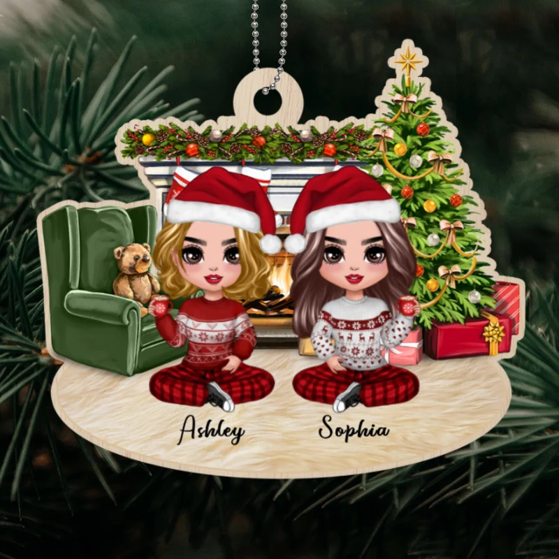 Doll Besties At Fireplace Personalized Wooden Ornament - Image 4