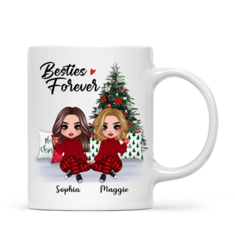 Doll Besties Best Friends Sitting Beside Christmas Tree Personalized Mug