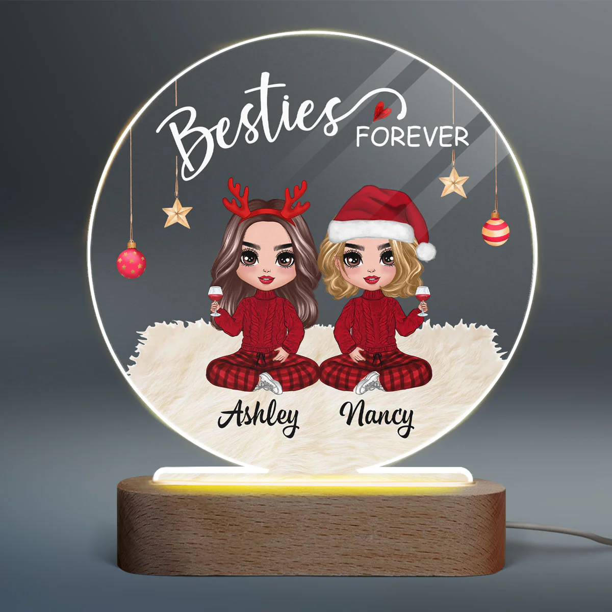 Doll Besties Christmas Checkered Pants Personalized Circle Acrylic Plaque LED Night Light - Image 2