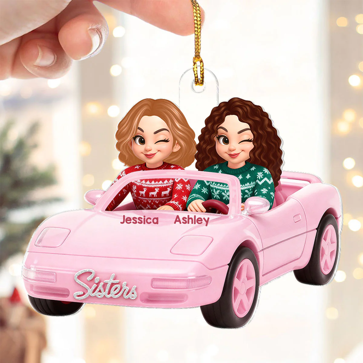 Doll Besties Driving Pink Car - Personalized Acrylic Ornament - Christmas Gift for Besties - Image 3