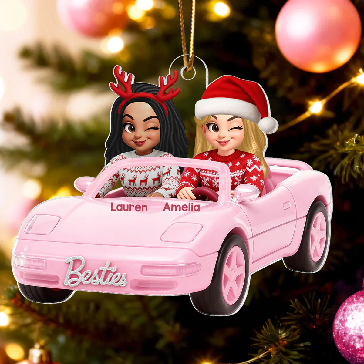 Doll Besties Driving Pink Car - Personalized Acrylic Ornament - Christmas Gift for Besties - Image 4