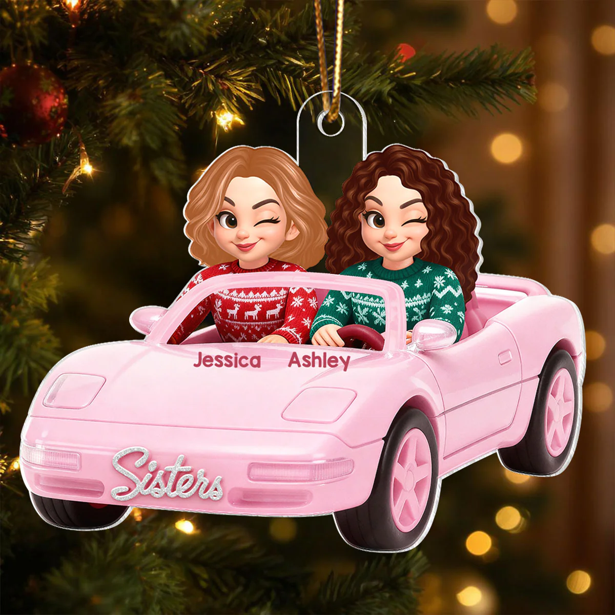 Doll Besties Driving Pink Car - Personalized Acrylic Ornament - Christmas Gift for Besties - Image 5