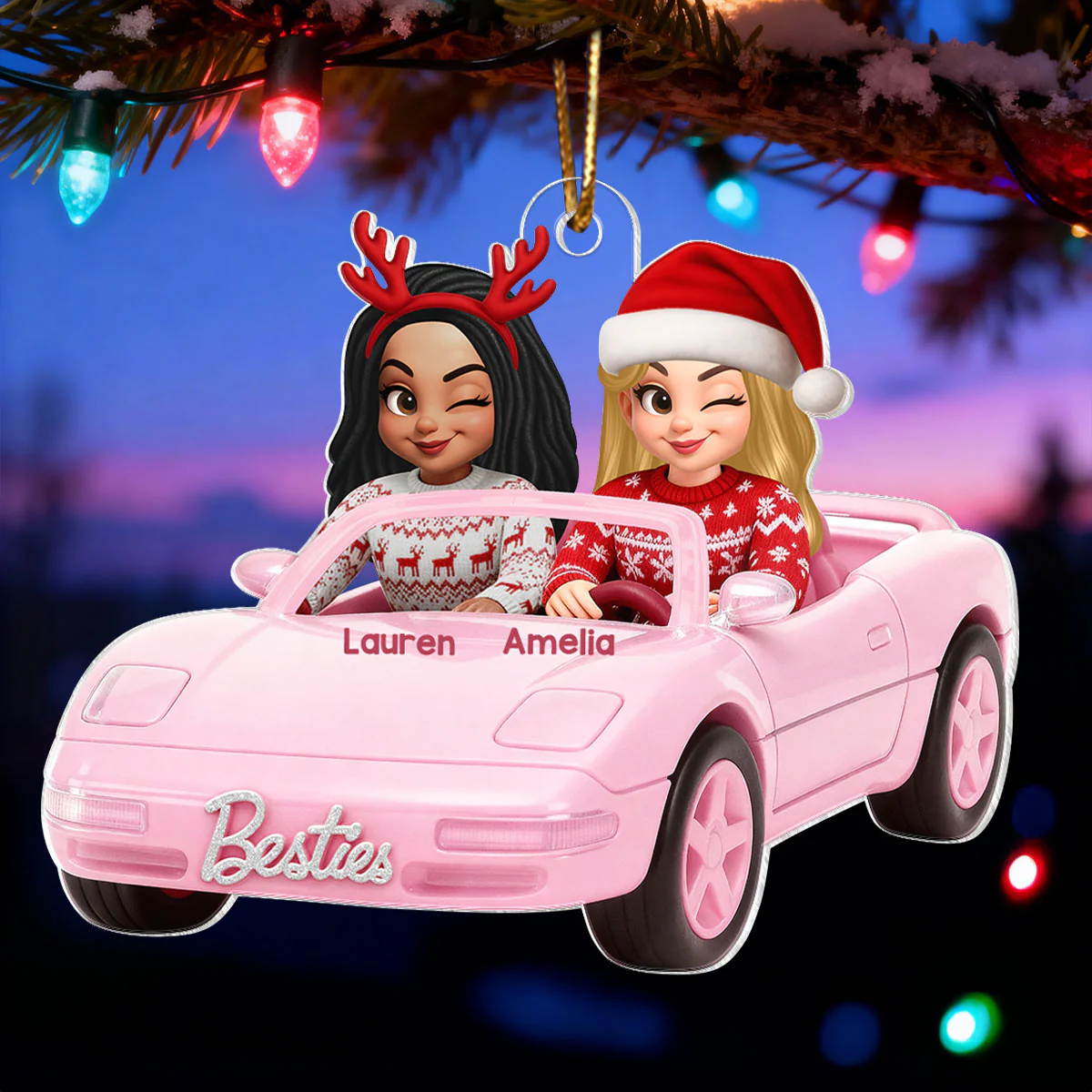 Doll Besties Driving Pink Car - Personalized Acrylic Ornament - Christmas Gift for Besties - Image 6