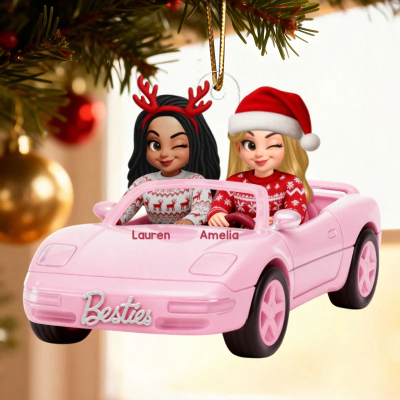 Doll Besties Driving Pink Car - Personalized Acrylic Ornament - Christmas Gift for Besties - Image 9