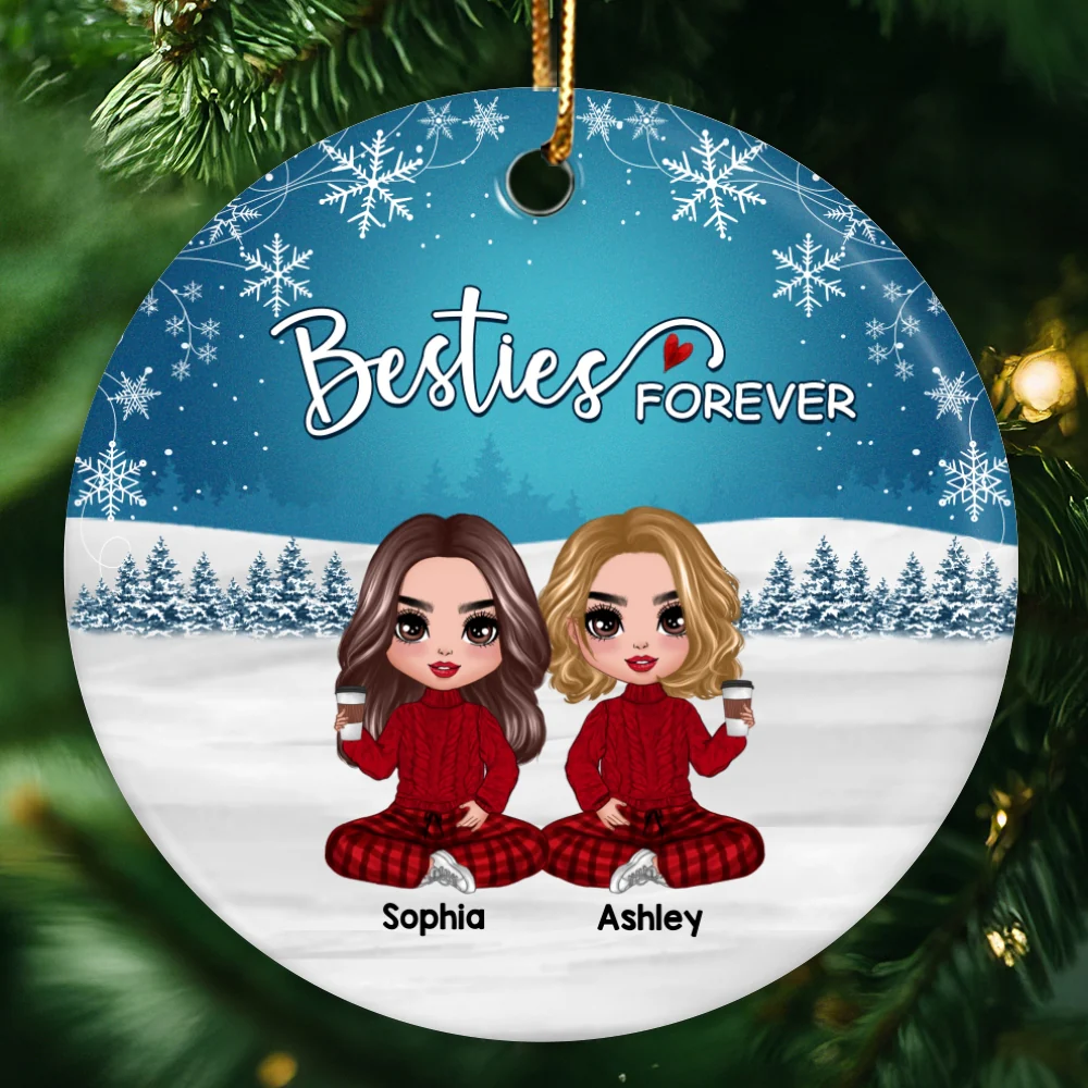 Doll Besties Sisters Checkered Pants Snow Blue Background Personalized Circle Ornament - Image 4
