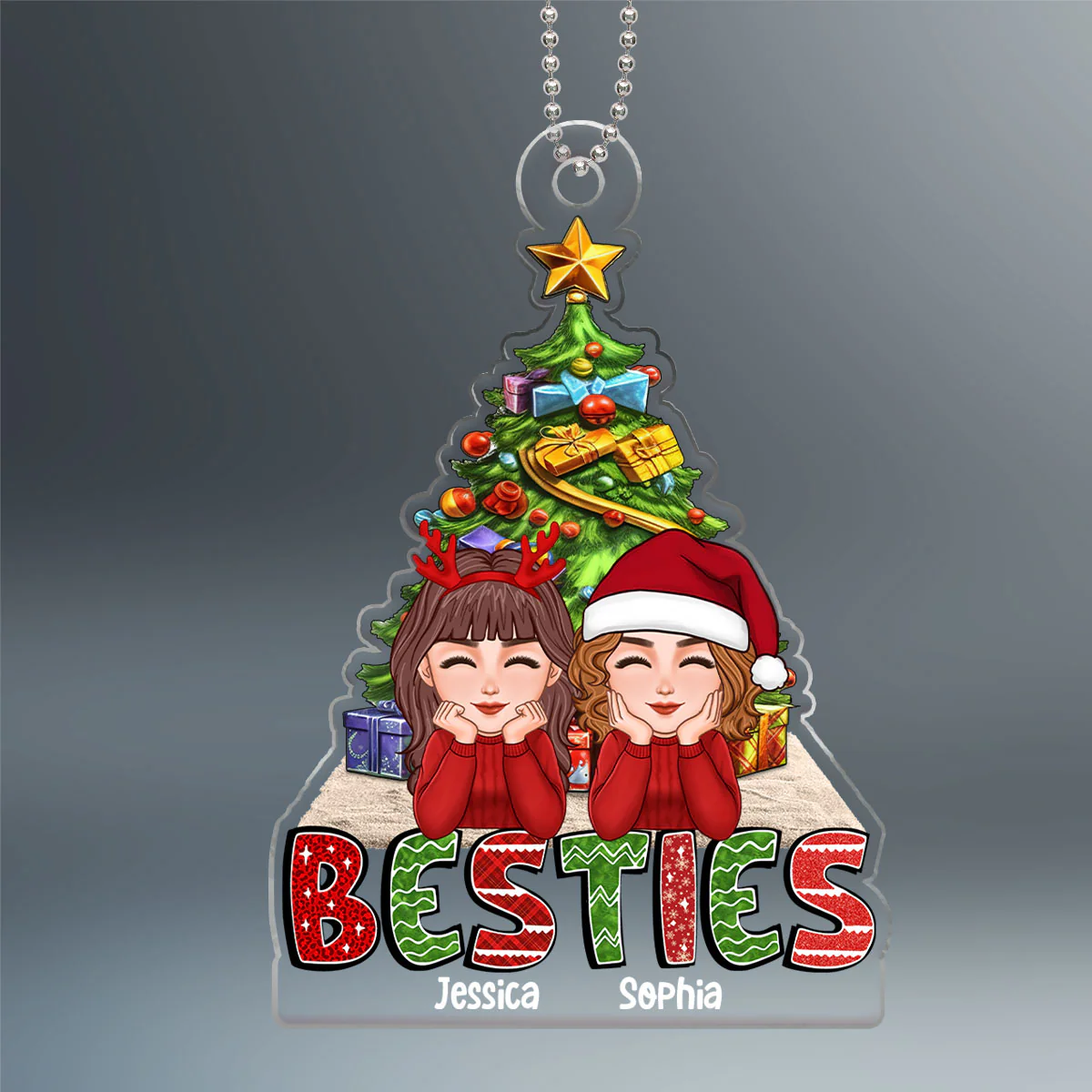Doll Besties Sisters Chin On Hands Under Christmas Tree Personalized Acrylic Ornament - Image 2