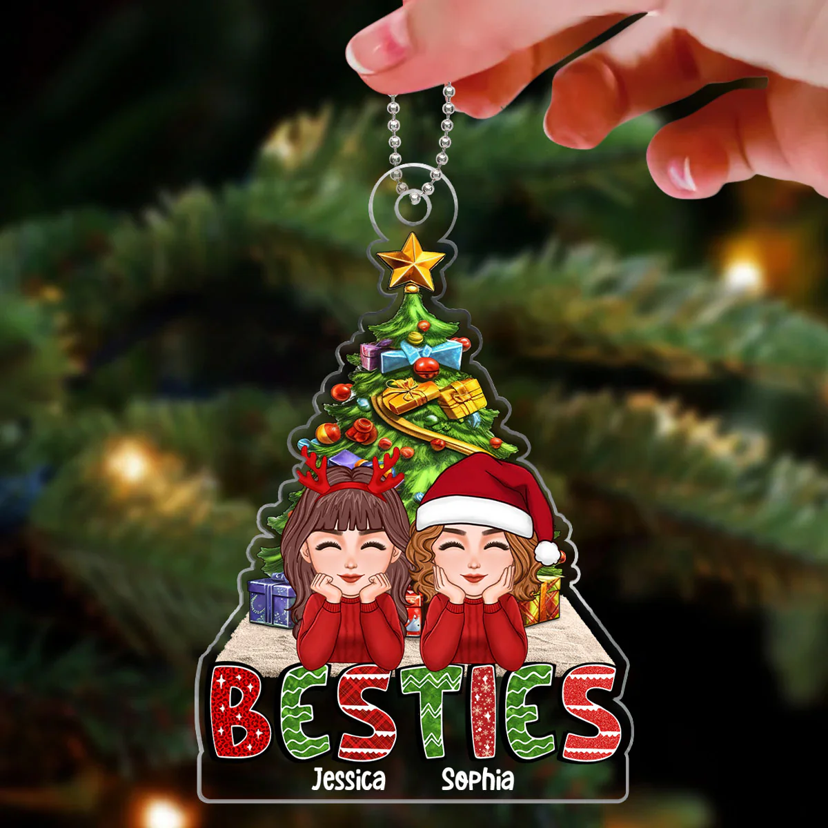 Doll Besties Sisters Chin On Hands Under Christmas Tree Personalized Acrylic Ornament - Image 3