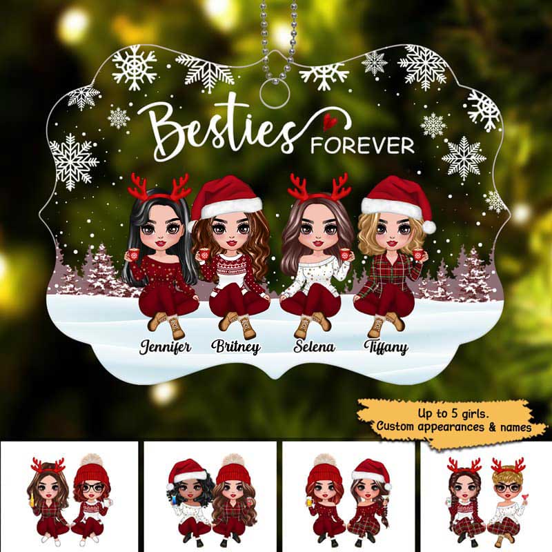 Doll Besties Sisters Forever Snow Background Personalized Acrylic Ornament - Image 2