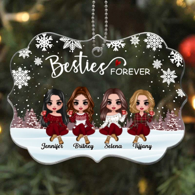 Doll Besties Sisters Forever Snow Background Personalized Acrylic Ornament - Image 4