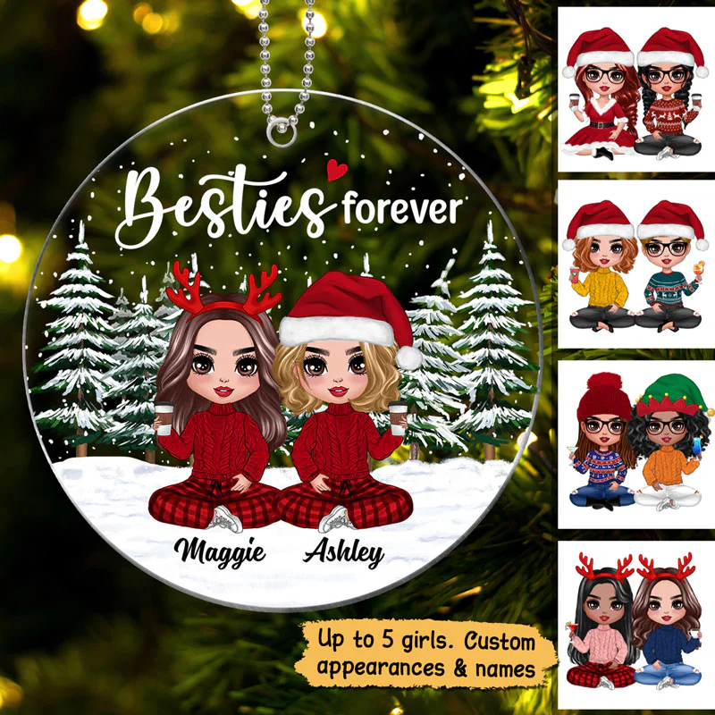 Doll Besties Sisters In Christmas Tree Forest Personalized Acrylic Ornament - Image 3