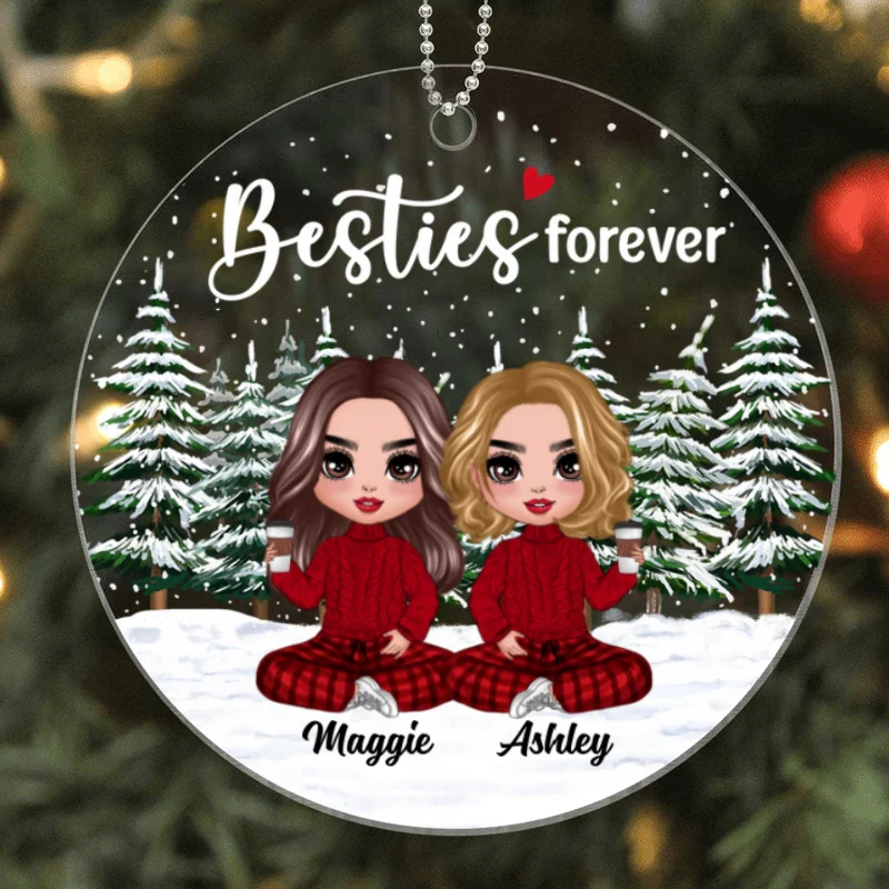 Doll Besties Sisters In Christmas Tree Forest Personalized Acrylic Ornament - Image 4