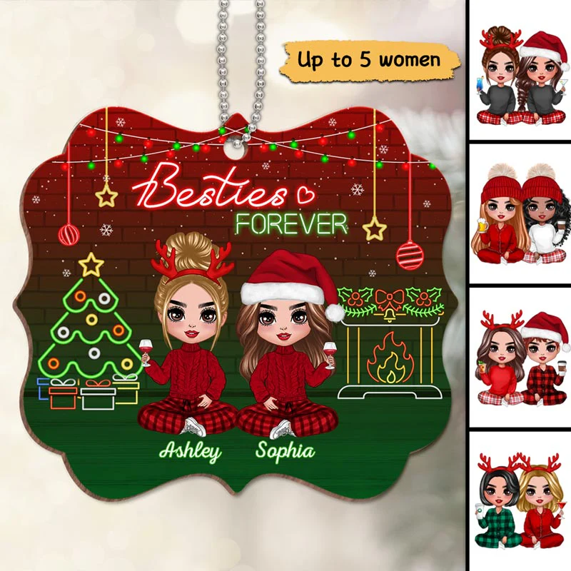 Doll Besties Sisters Neon Christmas Personalized Wooden Ornament - Image 2