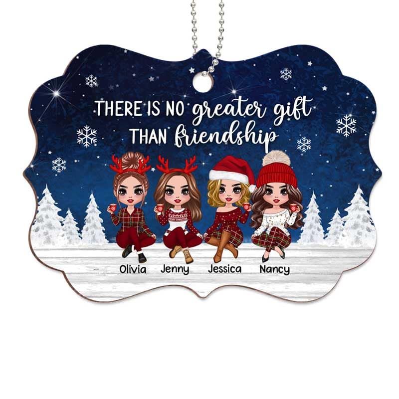 Doll Besties Sisters Sitting At Christmas Night Personalized Wooden Ornament