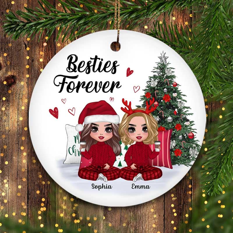Doll Besties Sisters Sitting Beside Christmas Tree Personalized Circle Ornament - Image 2