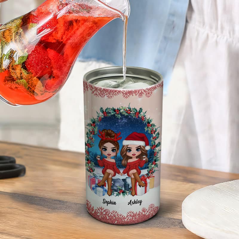 Doll Besties Sisters Sitting In Wreath Personalized 4 In 1 Can Cooler - Image 6