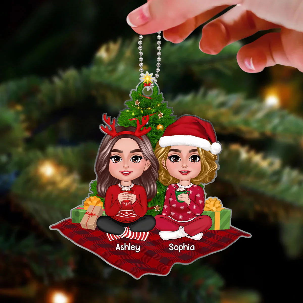 Doll Besties Sisters Sitting On Checkered Pattern Carpet Personalized Acrylic Ornament - Image 3