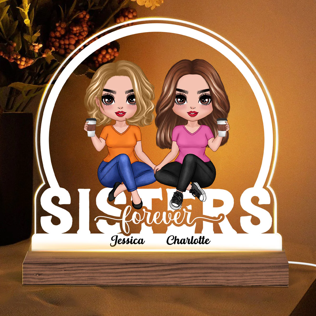 Doll Besties Sisters Sitting On Text Personalized Custom Shape LED Night Light - Image 2