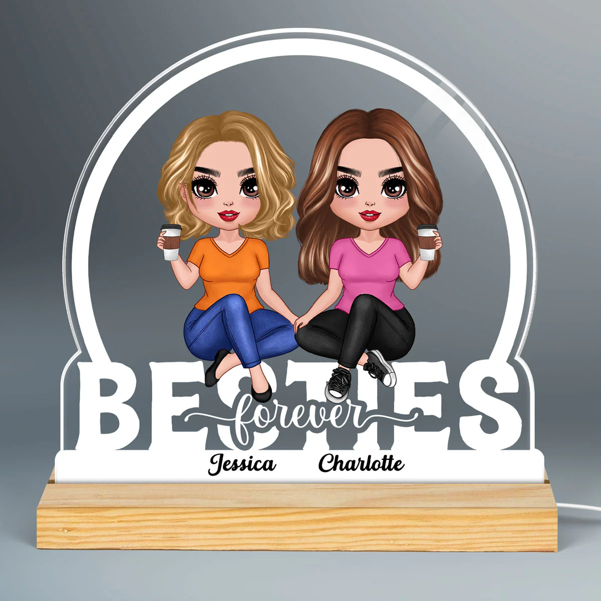 Doll Besties Sisters Sitting On Text Personalized Custom Shape LED Night Light - Image 3
