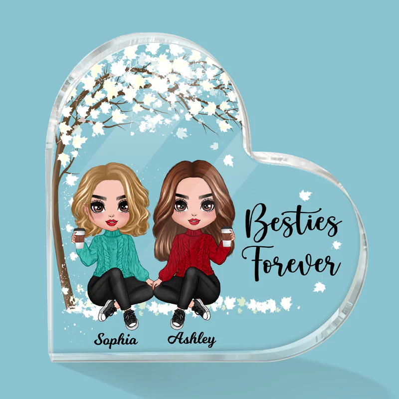 Doll Besties Sisters Sitting Under Tree Personalized Acrylic Heart Plaque