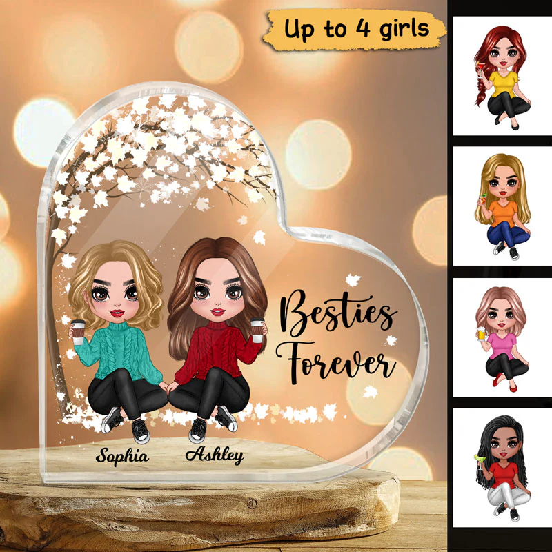 Doll Besties Sisters Sitting Under Tree Personalized Acrylic Heart Plaque - Image 2
